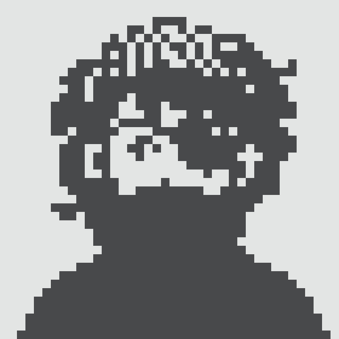 A pixelated dark blue silhouette of a person with glasses and a smile on a white background.