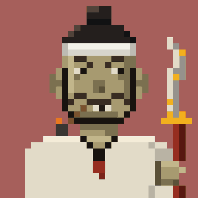 A pixel art portrait of a character with a small black hat, wide grin showing teeth, wearing a light-colored top and holding what appears to be a sword or staff, set against a solid red background.