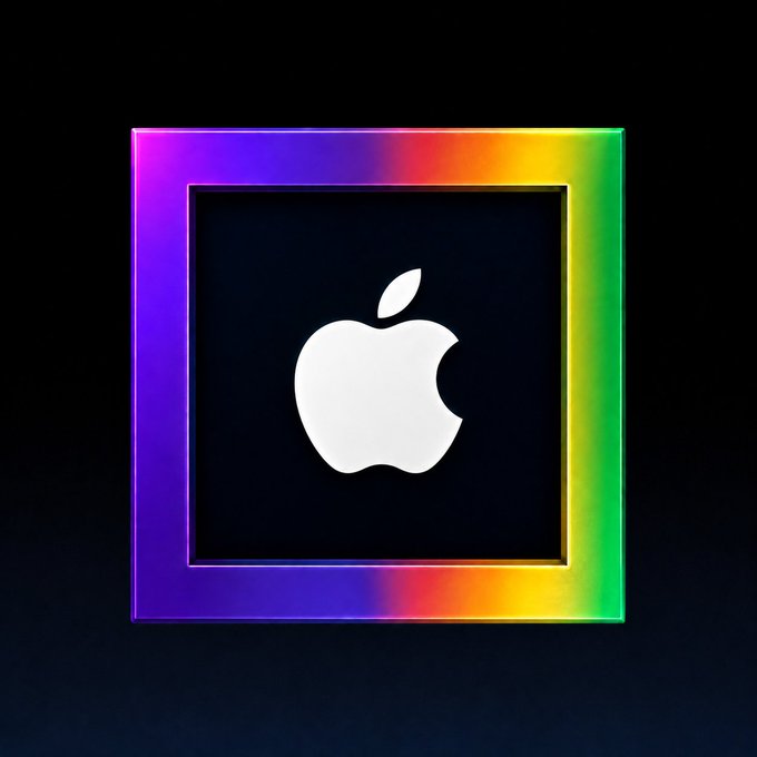 An Apple logo is centered within a square frame featuring a vibrant rainbow gradient border on a black background.