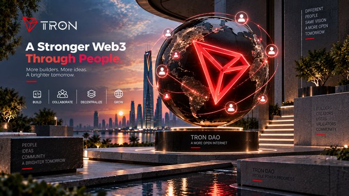 A promotional graphic for TRON DAO featuring the tagline 'A Stronger Web3 Through People' with the TRON logo displayed on a globe against a futuristic cityscape background.