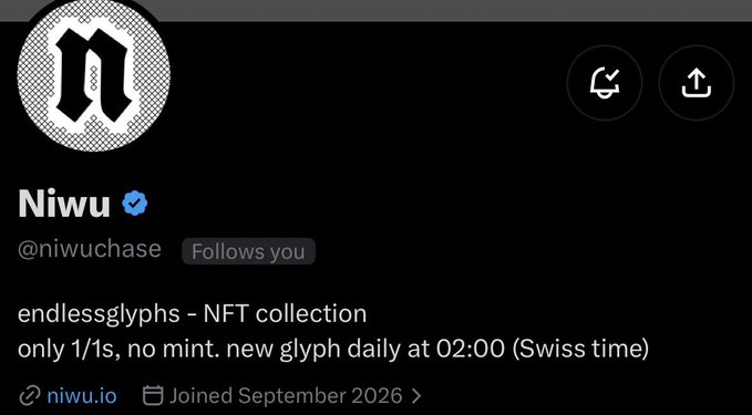 Niwu (@niwuchase) profile, verified with a stylized "n" logo, promoting their NFT collection "endlesslyglyphs" — described as 1/1s with no mint, featuring a new glyph daily at 02:00 Swiss time, with niwu.io as their linked website.