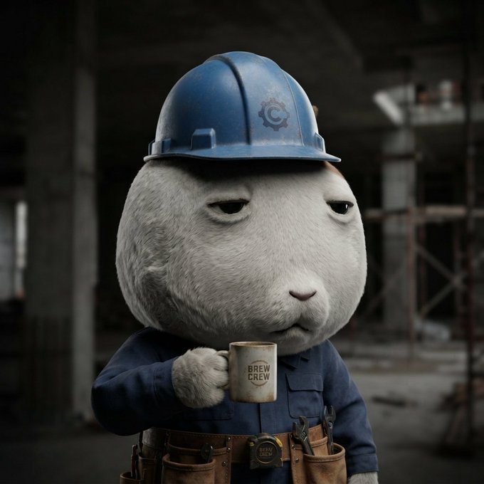 A stylized image of a grumpy-looking white cat character wearing a blue hard hat with a gear logo, holding a 'Brew Crew' mug and wearing a tool belt, set in a dilapidated industrial background.