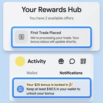 The image shows a "Rewards Hub" interface displaying two available offers: a "First Trade Placed" notification indicating that a trade is being processed for bonus status, and an "Activity" section with a message stating "Your $25 bonus is locked in 🎉 Keep at least $187.5 in your wallet to unlock your bonus." The screenshot illustrates the post's message about completing the Base App campaign, showing users the "Trade Placed" status they need to see and the holding requirements to unlock their rewards.