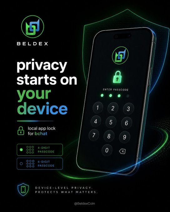An advertisement for Beldex ('@BeldexCoin') promoting device-level privacy with a passcode lock screen, highlighting local app lock for bchat with 4-digit and 6-digit passcode options.