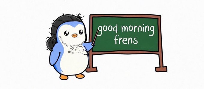 A cartoon penguin wearing a backpack stands next to a green chalkboard that reads "good morning frens," with the penguin pointing at it with a stick, fitting the post's playful "say gm" (good morning) greeting to the crypto community.