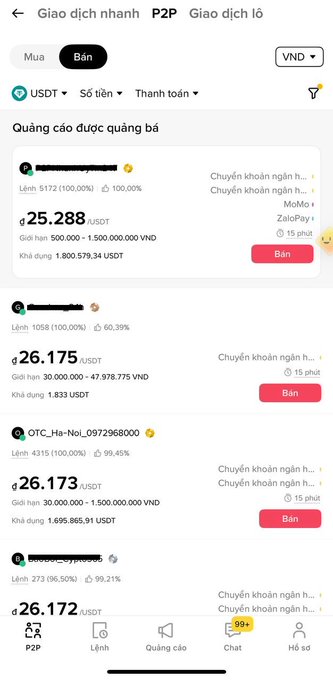 A Vietnamese cryptocurrency trading app screen showing P2P USDT selling options with prices in VND, including listings at 25.288, 26.175, 26.173, and 26.172 USDT.