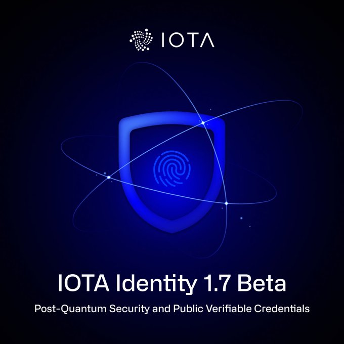 A dark blue promotional graphic for IOTA Identity 1.7 Beta, featuring a shield with a fingerprint icon and the tagline 'Post-Quantum Security and Public Verifiable Credentials.'