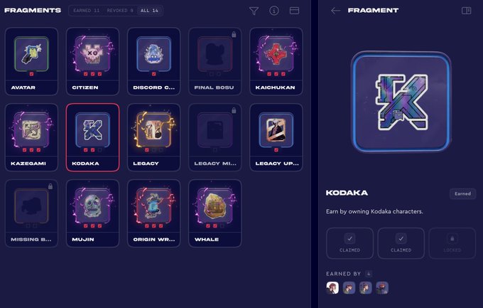 A 'FRAGMENTS' interface displaying NFT collection rewards, with the 'KODAKA' fragment selected and showing 'Earned' status with two claimed milestones.