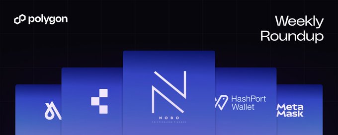 Polygon Weekly Roundup banner showcasing logos of featured projects including NOBO, HashPort Wallet, and MetaMask against a dark blue background. The visual highlights the network's recent milestones, such as Polygon joining the Bank of England's Digital Pound Lab with NOBO and HashPort settling Japan's first stablecoin POS payment on Polygon.