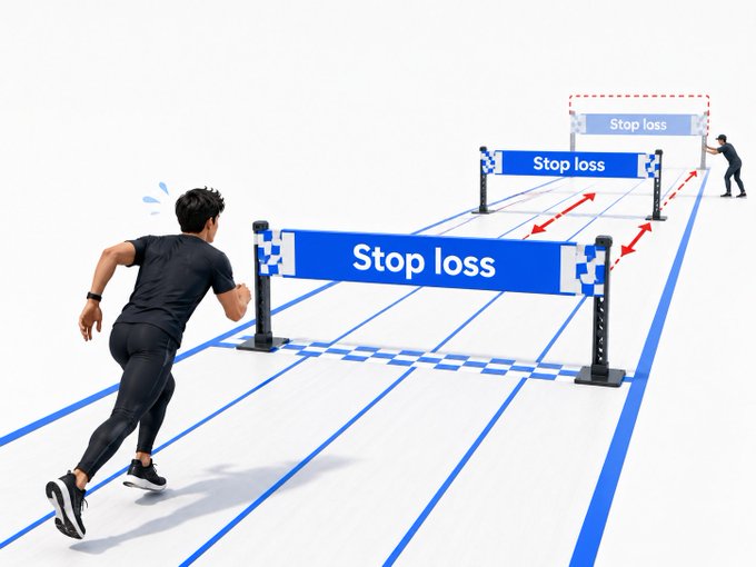 A runner races down a track toward three progressively farther "Stop loss" barriers, visually reinforcing the post's message: continuously moving your stop loss further away only delays realizing a loss while shifting the original risk threshold, so traders should define an invalidation level in advance and honor it rather than constantly relocating the line.