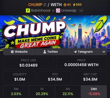A memecoin page for 'CHUMP' with the slogan 'MAKE MEME COINS GREAT AGAIN', showing a price of $0.03489 and a market cap of $34.8M.
