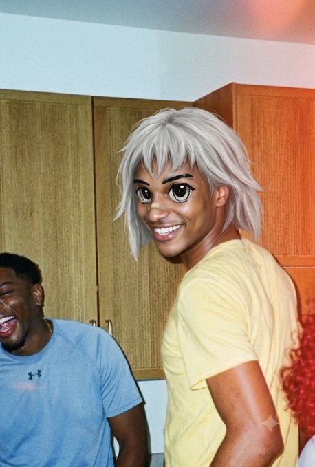 A person wearing an anime-style white wig and a yellow shirt smiles for the camera alongside another laughing person in a blue shirt, fitting the bullish, playful "GM to bulls only" morning greeting.