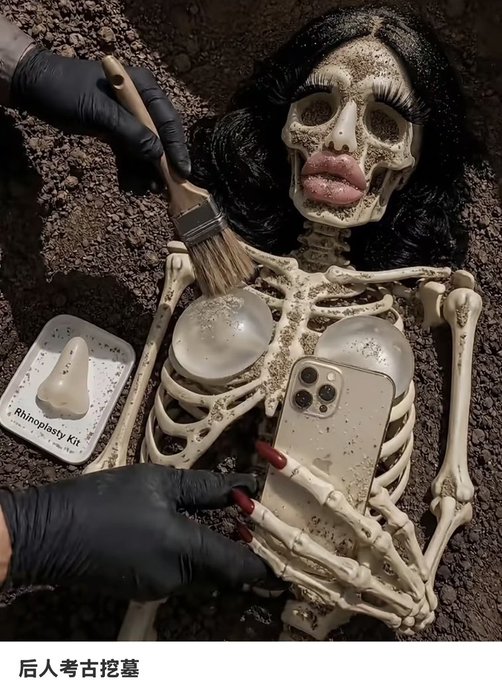 Two skeletal hands in black gloves perform a cosmetic "Rhinoplasty Kit" procedure on a glamorous skeleton, with a modern iPhone resting on its ribcage amid dirt and bone dust. The image satirically illustrates the post's message about the beauty industry burying deeper anxieties beneath surface aesthetics—dressing up mortality itself in makeup and props while the ancient skeleton remains just bones underground.