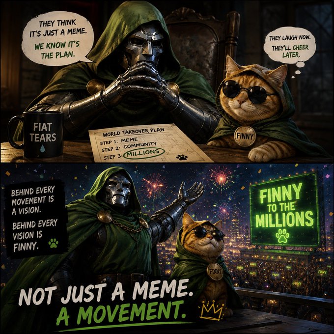 A two-panel meme featuring Doctor Doom and an orange cat named 'FINNY' in matching green hooded cloaks; the top panel shows a 'World Takeover Plan' with steps MEME, COMMUNITY, MILLIONS, while the bottom panel reads 'NOT JUST A MEME. A MOVEMENT.'