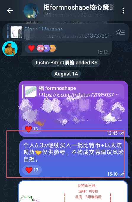The image is a screenshot from the Telegram group "相formnoshape核心策略" showing messages discussing crypto investments. A post at 15:10 notes "个人6.3w继续买入一批比特币+以太坊现货" (continued buying Bitcoin and Ethereum spot with 63,000), receiving 17 likes, which aligns with the group's strategy of buying dips in crypto and gold at cheap levels.

Highlighted within the red box is the translated text.