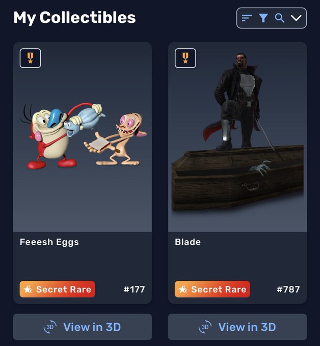 A screenshot of a 'My Collectibles' digital collection app showing two 'Secret Rare' items: a 'Feeesh Eggs' featuring cartoon characters and 'Blade' featuring a character on a coffin, both with 'View in 3D' buttons.