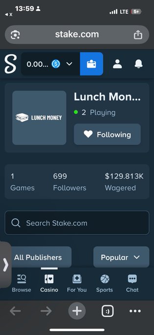 A mobile screenshot of Stake.com’s “Lunch Money” page shows “2 Playing,” 699 followers, $129.813K wagered, and tabs for “All Publishers” and “Popular.” The post thanks @LunchMoneyX and Stake along with several other users, matching the highlighted Lunch Money feature.