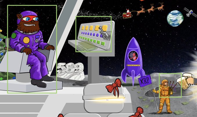 A bearded astronaut in a purple suit sits in a spaceship cockpit while a purple rocket labeled "PERSEVERANCE" launches alongside a sign reading "XRP," with an astronaut on the moon's surface holding a beer. The festive scene with Santa's sleigh and bow-tied beers visually matches the post's playful jab at Joel Katz's cryptic X replies by tying together Star Trek, beer, and crypto in one cartoonish holiday space tableau.