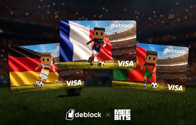 The image features a group of four soccer-themed cards, each displaying different countries' flags. The cards are arranged vertically against a black background with white text that reads "Deblock xiebits xiebits MEEBITS Fútbol Cards". This suggests that these cards are related to the popular video game Minecraft and feature various virtual currency symbols such as Visa and Mastercard, indicating their connection to the gaming world.

The post also mentions a partnership between Deblock and MeeBITS, which is likely an association or collaboration involving the creation of these soccer-themed cards. The post's title "Deblock xiebits xiebits MEEBITS Fútbol Cards" implies that this collaboration aims to create unique and visually appealing cards for gamers who enjoy playing Minecraft.