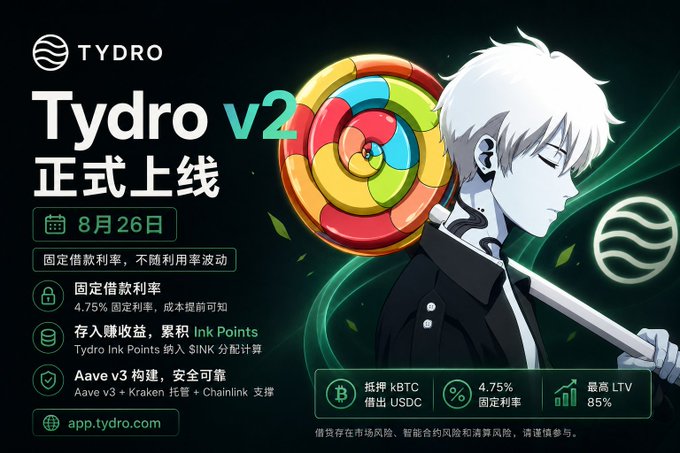 Advertisement for Tydro v2, a fixed-rate lending platform, featuring an anime-style character and a colorful spiral graphic, with launch date '8月26日' and features like 4.75% fixed rate and Aave v3 support.