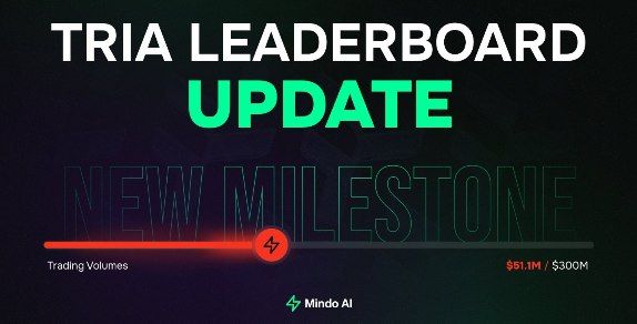 The image features a banner with text that reads "Tria Leaderboard Update" and "New milestone". The banner also includes a red line, which is used as a progress bar for the new milestone. The background of the image is black, making the white text stand out prominently.