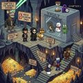A pixel art illustration shows a character exploring an underground mining or tomb area with stone steps, ladders, a sarcophagus, and a sign reading "THE MINER." The scene connects to the post's mining/Rockguardian theme as the character appears to be adventuring in search of treasures like NFTs and ETH.
