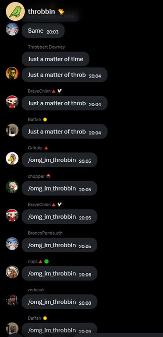 A Discord chat showing multiple users spammed messages like "Just a matter of throb" followed by rapid /omg_im_throbbin emotes, reacting enthusiastically to $THROBBIN in line with the post's hype about the community's over-the-top approval.