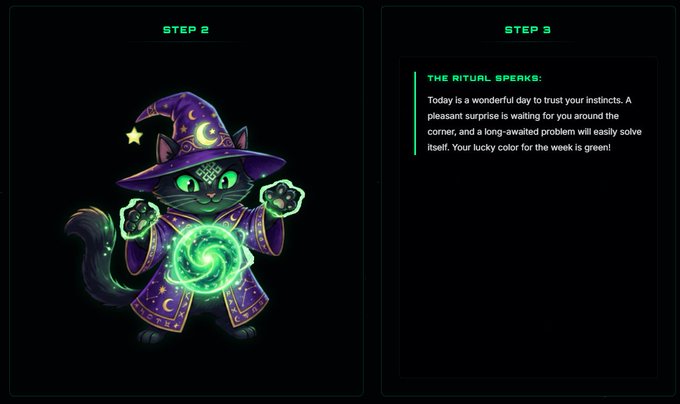 The image features a black cat dressed as a wizard, wearing a purple hat with a green aura surrounding its head. The cat appears to be holding a green orb or crystal ball, which could symbolize divination or magical powers. Below the cat's image is a list of steps for a ritual divination process, and above it is a description of the ritual itself.