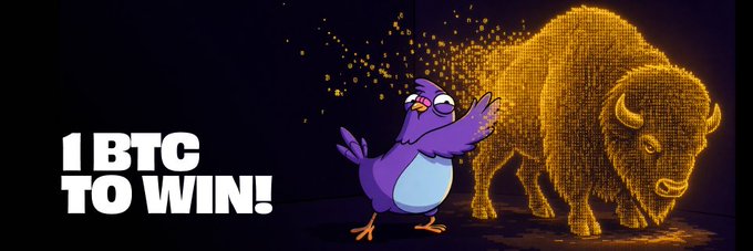 A digital graphic featuring a purple cartoon bird next to a glowing golden pixelated bull, with text reading '1 BTC TO WIN!'.
