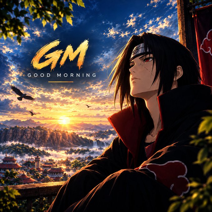 An anime-style digital artwork depicts a character resembling Itachi Uchiha from Naruto wearing an Akatsuki cloak, with 'GM GOOD MORNING' text against a sunset village backdrop.