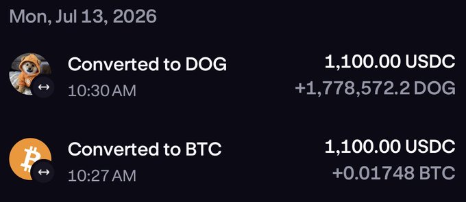 A cryptocurrency transaction history showing conversions of 1,100.00 USDC to DOG and 1,100.00 USDC to BTC on Mon, Jul 13, 2026.