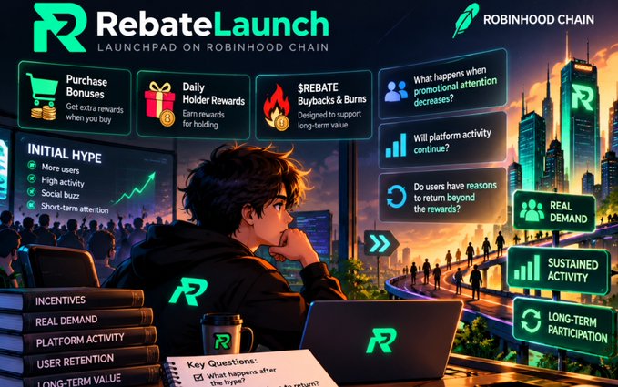Colorful “RebateLaunch” launchpad promo for “Robinhood Chain,” featuring panels such as “Purchase Bonuses,” “Daily Holder Rewards,” “$REBATE Buybacks & Burns,” “REAL DEMAND,” and “LONG-TERM PARTICIPATION.”