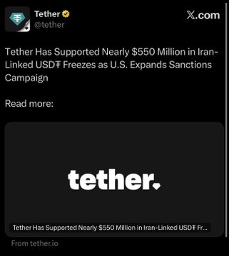 A Tether (@tether) social media post on X.com stating 'Tether Has Supported Nearly $550 Million in Iran-Linked USDT Freezes as U.S. Expands Sanctions Campaign'.