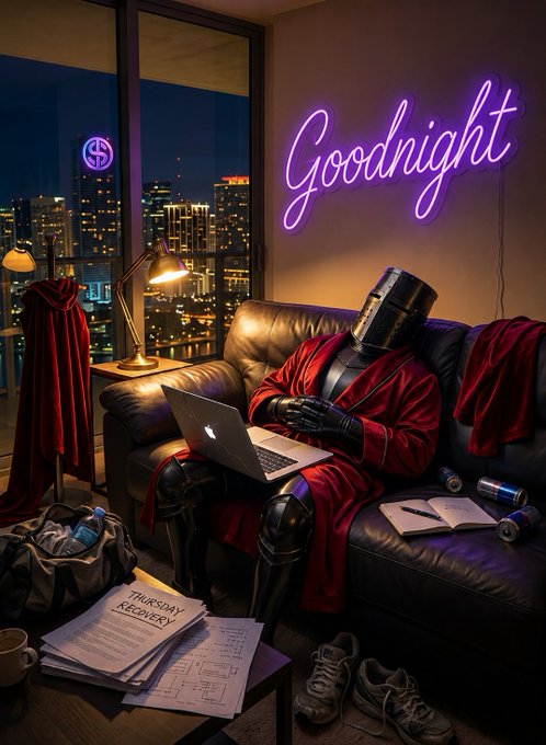 The image features a man sitting on a couch with his legs crossed, wearing a red robe and a knight's helmet. He has a laptop open next to him, suggesting he might be working or studying. The room also contains several books scattered around, indicating that the man is engaged in some form of learning or research. A cup can be seen nearby as well. In the background, there are buildings visible through a window, which adds an urban touch to the scene. The image includes a neon sign reading "Goodnight Legends" and a purple banner with the words "The Legend Chronicles".