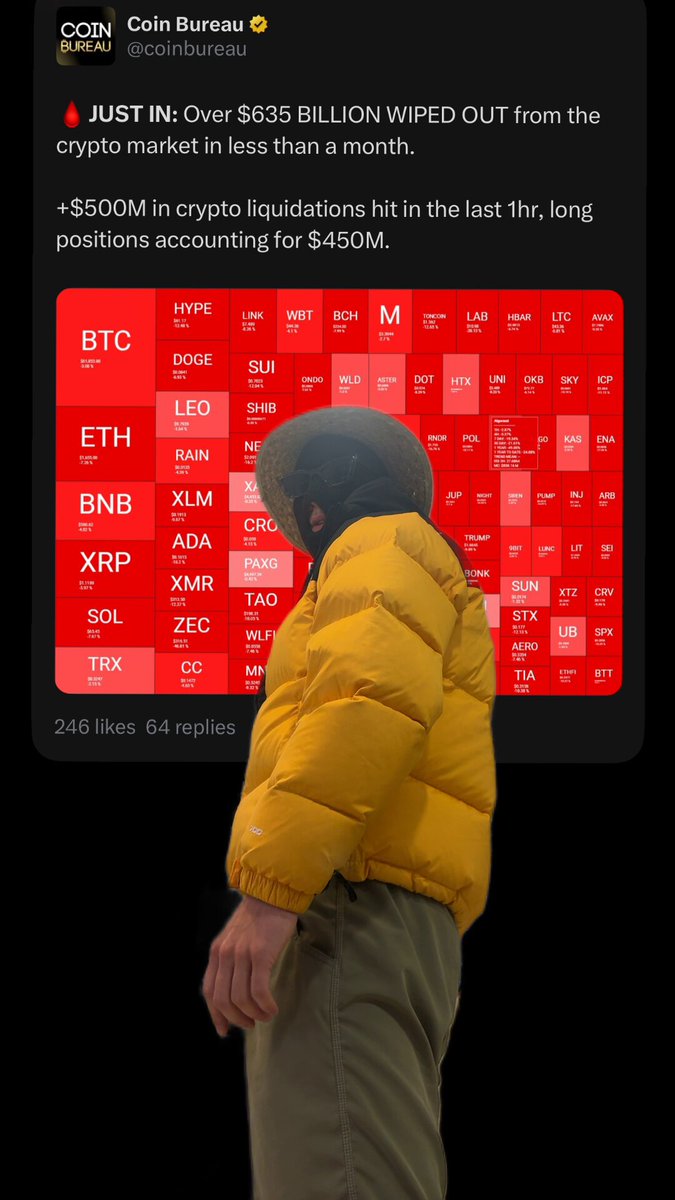 A person wearing a yellow coat stands next to a chart or graph with red numbers, symbols and names that indicate an enriched cryptocurrency portfolio, such as Bitcoin, Ripple, Solana, and Ethereum tokens. The person appears to be looking at this list of investments in awe or admiration.