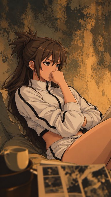 An anime-style illustration of a young woman with long brown hair in a ponytail, wearing a white and black track jacket, sitting thoughtfully in a dimly lit room with a coffee mug and photographs in the foreground.