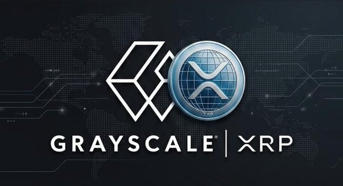 The image shows the Grayscale logo alongside the XRP (X.F6) coin emblem against a dark digital world map background, with "GRAYSCALE | XRP" displayed prominently below. This branding visually reinforces the post's claim of Grayscale backing XRP as the leading global payments cryptocurrency.