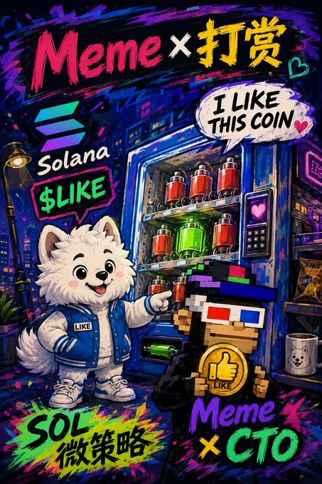 Promotional meme artwork for Solana token $LIKE featuring a white dog mascot in a varsity jacket with text 'Meme x 打赏', 'SOL 微策略', 'Meme x CTO', and 'I LIKE THIS COIN'.