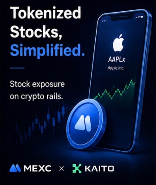 An advertisement for MEXC x KAITO featuring 'Tokenized Stocks, Simplified' with text 'Stock exposure on crypto rails' and a phone displaying an AAPLx Apple Inc. stock chart.