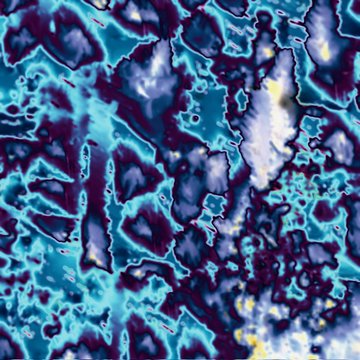 Abstract digital artwork featuring chaotic, jagged shapes in shades of teal, dark blue, and white, resembling a textured digital landscape or microscopic view.