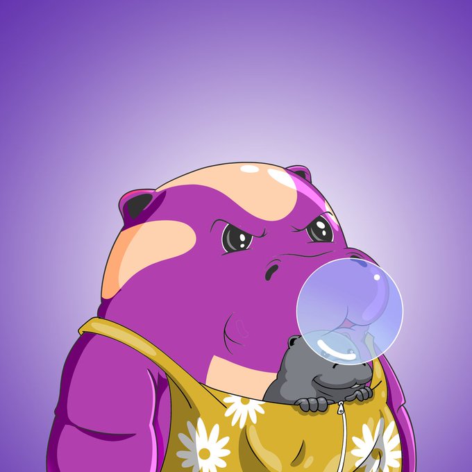 A digital illustration of a purple-skinned anthropomorphic hippo with pink and orange patches, wearing a yellow daisy-print dress and blowing a bubblegum bubble, with a small gray cat peeking from the neckline.