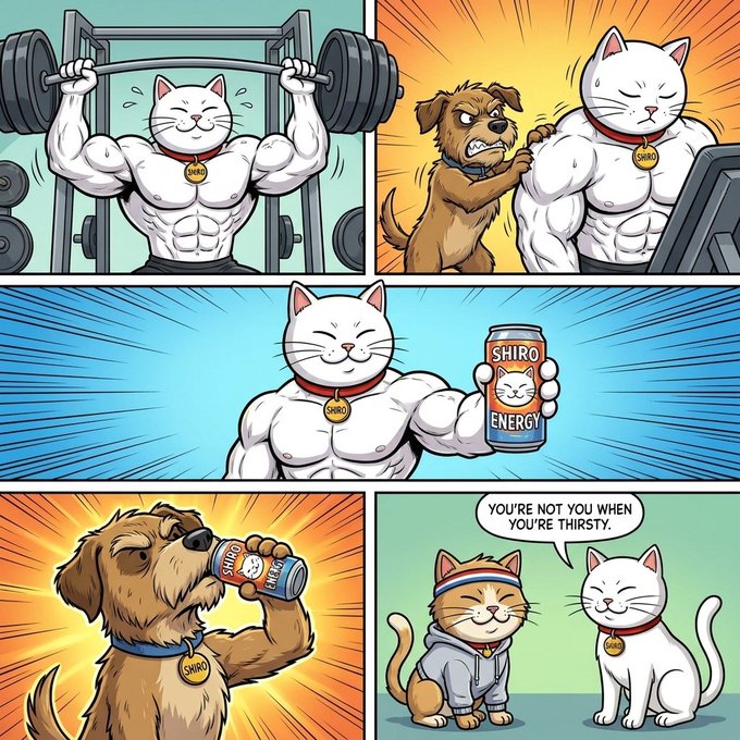 A comic-style meme shows an extremely muscular cat named Shiro (wearing a "SHIRO" tag) lifting weights and being pestered by an angry dog, before holding up a "SHIRO ENERGY" drink that transforms a scrawny cat into a buff version of itself. The tagline "YOU'RE NOT YOU WHEN YOU'RE THIRSTY" and the $SHIRO ticker tie the Snickers-inspired ad parody to promoting the $SHIRO token as the energizing solution.