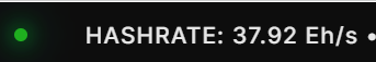 A glitchy digital display shows cryptocurrency mining metrics reading 'HASHRATE: 37.92 Eh/s' with a green status indicator against a black background.