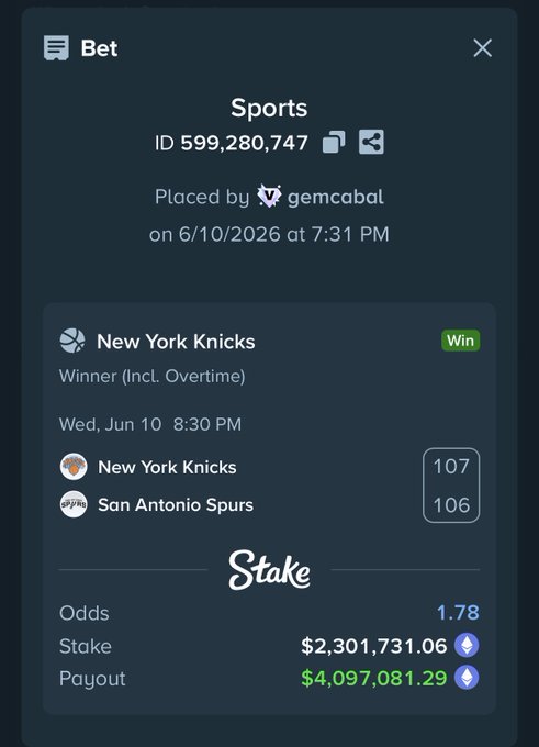 The image is a screenshot from an online casino with information about a game, featuring a close-up view of a slot machine screen showing various amounts of money being paid out during gameplay. The title of the slot machine game is "New York Knicks". The game has been won by San Antonio Spurs over New York Knicks, and they have received a total payment of $6M. Other information such as the winning team's name (Knicks) and their respective points per dollar are also displayed on the screen.