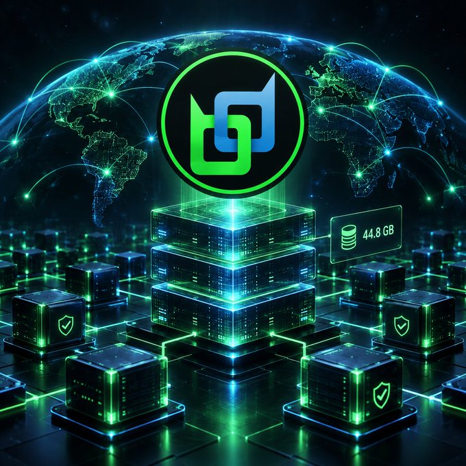 A digital illustration features a green and blue logo above a stack of glowing green server cubes, set against a backdrop of a connected Earth globe with a data label showing '44.8 GB.'