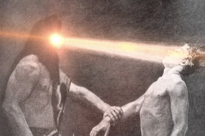 A dramatic sketch-style artwork depicting two figures clasping hands as a bright beam of light shoots from one figure's eyes toward the other.
