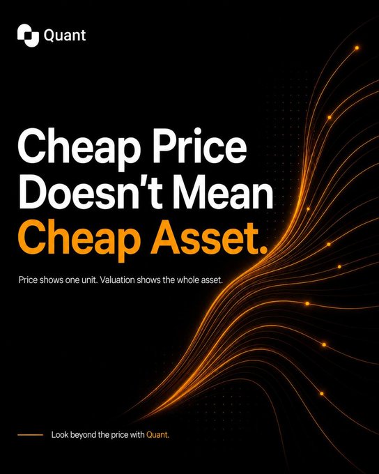A sleek black and orange advertisement for Quant with the tagline 'Cheap Price Doesn't Mean Cheap Asset,' emphasizing valuation over price with flowing light graphics.