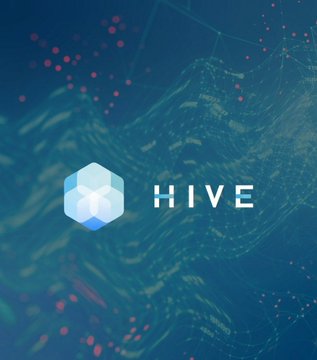 The image features a blue background with white text that reads "Hive". The text is surrounded by red dots, creating an abstract pattern. Below the text, there are two lines of code written in black font. The first line says "BREAKING: Bitcoin mining giant HIVE sold", and it appears to be a statement about Bitcoin mining. The second line states "HIVE still holds 150 BTC".