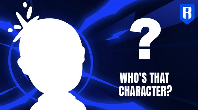 A blue graphic from a "Who's That Character?" game features a white silhouette of a spiky-haired anime-style figure next to a large question mark, with a "R" logo in the top right corner, inviting viewers to guess the unidentified character.
