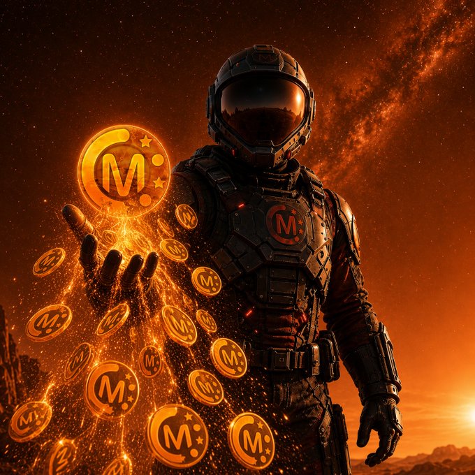 A sci-fi style digital artwork of an astronaut in a dark armored suit holding glowing orange coins marked with 'M', set against a dramatic starry, fiery background.